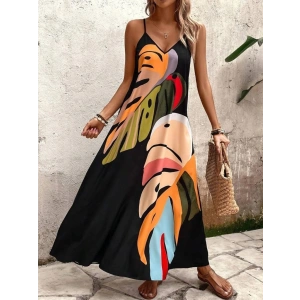 Kadın Ip Askılı V Yakalı Desenli Süprem Maxi Elbise