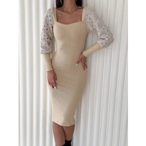 Kadın Kare Yaka Kolları Manşet Ve Tül Detay Fırsat ürün Midi Boy Elbise