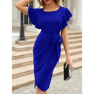 Kadın Kısa Fırfır Kollu Yakası Açık Belden Kuşaklı çapraz Kesim Detaylı Ithal Krep Elbise