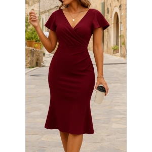 Kadın Kısa Kelebek Kollu Kruvaze Yaka Ithal Krep Midi Elbise