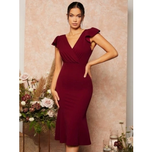 Kadın Kısa Kelebek Kollu Kruvaze Yaka Ithal Krep Midi Elbise