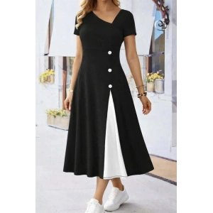 Kadın Kısa Kollu Asimetrik Yakalı Düğme Detaylı Midi Viskon Elbise