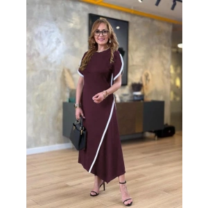 Kadın Kısa Kollu Bisiklet Yaka çift şerit Renk Detaylı Asimetrik Kesim Viskon Iki Iplik Elbise