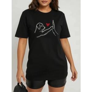 Kadın Kısa Kollu Bisiklet Yaka Köpek Baskılı Viskon Bluz