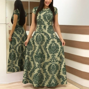 Kadın Kısa Kollu Bisiklet Yaka Puantiyeli Maksi örme Krep Elbise