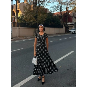 Kadın Kısa Kollu Bisiklet Yaka Puantiyeli Maksi örme Krep Elbise