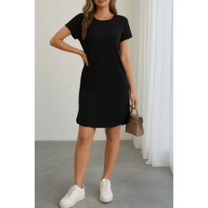Kadın Kısa Kollu Bisiklet Yaka Viskon Iki Iplik Elbise