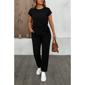 Kadın Kısa Kollu Bisiklet Yaka Yandan Bağlamalı Bürümcük Bluz Ve Pantolon Ikili Takım