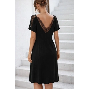 Kadın Kısa Kollu Dantel V Yakalı Midi Viskon Elbise
