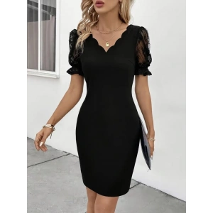 Kadın Kısa Kollu Dantelli V Yakalı Yanlardan Büzgülü çapraz Detaylı Ithal Krep Elbise