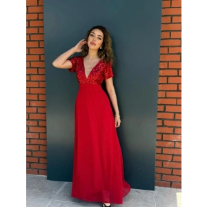 Kadın Kısa Kollu Derin V Yakalı A Kesim Pulpayet Detaylı şifon Nedime Elbisesi