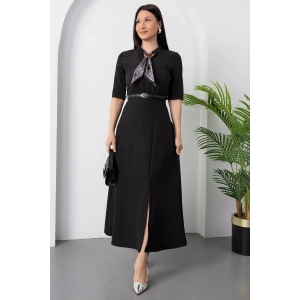 Kadın Kısa Kollu Fular Ve Kemer Detay önden Yırtmaçlı Maxi Boy Elbise