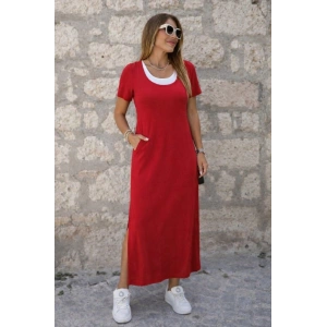 Kadın Kısa Kollu Içi Atlet Görünümlü Yandan Yırtmaçlı Uzun Viskon Elbise