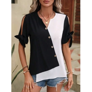 Kadın Kısa Kollu Kollardan Bağlamalı önden Asimetrik Kesim çift Renk Detaylı Düğmeli Ithal Krep Bluz