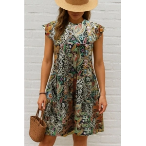 Kadın Kısa Kollu Kolları Fırfırlı Bisiklet Yakalı Kare Desenli Elbise