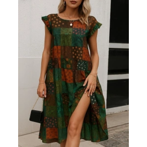 Kadın Kısa Kollu Kolları Fırfırlı Bisiklet Yakalı Kare Desenli Elbise