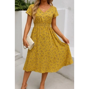 Kadın Kısa Kollu Kruvaze Yaka Beli Lastikli çiçek Desenli Elbise