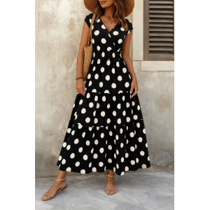 Kadın Kısa Kollu Kruvaze Yaka Beli Lastikli Süprem Maksi Boy Elbise