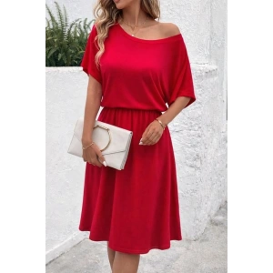 Kadın Kısa Kollu Omuzdan Açık Kiloş Midi Viskon Elbise