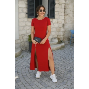 Kadın Kısa Kollu Sırt Dekolteli Yırtmaç Detaylı Viskon Elbise