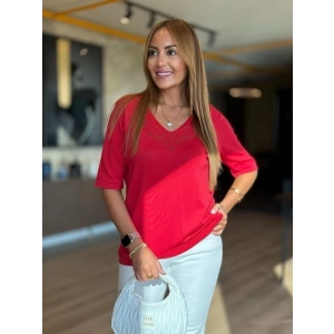 Kadın Kısa Kollu V Yaka Ajurlu Triko BluZ