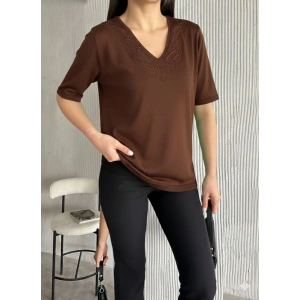 Kadın Kısa Kollu V Yaka Ajurlu Triko BluZ