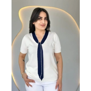 Kadın Kısa Kollu V Yaka Fular Detay Merserize Triko Bbluz