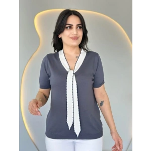 Kadın Kısa Kollu V Yaka Fular Detay Merserize Triko Bbluz