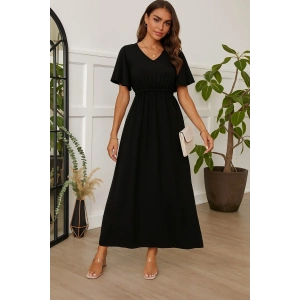 Kadın Kısa Kollu V Yakalı Beli Lastikli Uzun Viskon Elbise