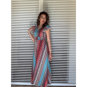 Kadın Kısa Kollu V Yakalı Desenli Yandan Yırtmaçlı Süprem Elbise