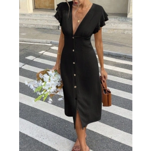 Kadın Kısa Kollu V Yakalı önden Düğmeli Bürümcük Midi Elbise