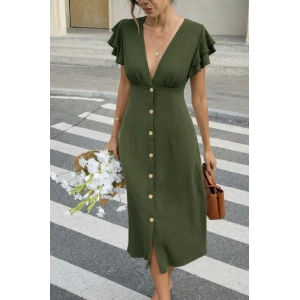 Kadın Kısa Kollu V Yakalı önden Düğmeli Bürümcük Midi Elbise