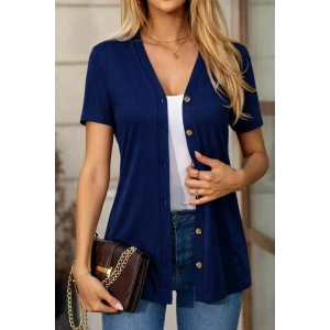 Kadın Kısa Kollu V Yakalı önü Düğmeli Viskon Bluz