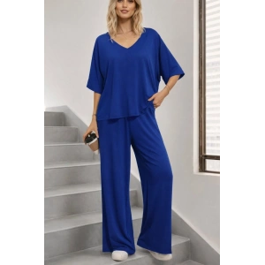 Kadın Kısa Kollu V Yakalı Viskon Bluz Ve Pantolon Ikili Takım