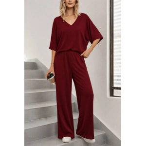Kadın Kısa Kollu V Yakalı Viskon Bluz Ve Pantolon Ikili Takım