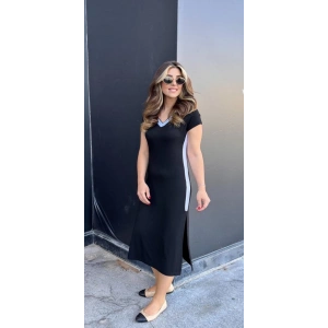 Kadın Kısa Kollu V Yakalı Yandan şerit Ve Yırtmaçlı Viskon Uzun Elbise