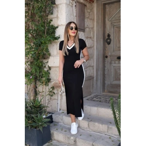 Kadın Kısa Kollu V Yakalı Yandan şerit Ve Yırtmaçlı Viskon Uzun Elbise