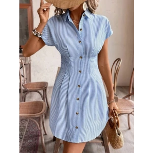 Kadın Kısa Kollu Yakalı önden Düğmeli Kısa Trikoton Elbise