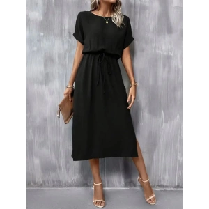 Kadın Kısa Kollu Yakası Açık Belden Bağlamalı Yırtmaçlı Viskon Elbise