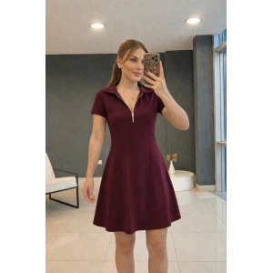 Kadın Kısa Kollu Yakası Fermuarlı Kısa Viskon Iki Iplik Elbise