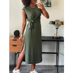 Kadın Kısa Kollu Yuvarlak Yaka Belden Bağcıklı önden Yırtmaçlı Aerobin Elbise