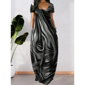 Kadın Kısa Kollu Yuvarlak Yaka Cepli Salaş Baskılı Süprem Elbise