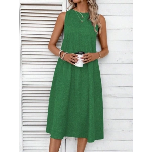 Kadın Kolsuz Bisiklet Yaka Cepli Midi Keten Elbise