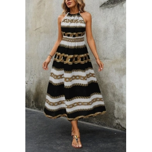 Kadın Kolsuz Boyundan Bağlamalı Beli Lastikli Dijital Baskı Süprem Uzun Elbise