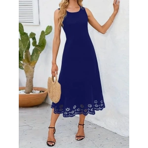 Kadın Kolsuz Etek Ucu Lazer Kesim çiçek Desenli Midi Boy Ithal Krep Elbise