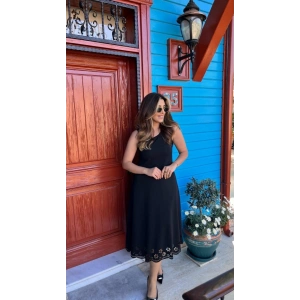 Kadın Kolsuz Etek Ucu Lazer Kesim çiçek Desenli Midi Boy Janjan Krep Elbise