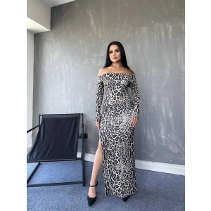 Kadın Madonna Yaka Dalgıç Kumaş Leopar Desen Maxi Boy Derin Yırtmaçlı Elbise