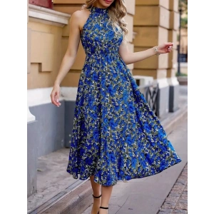 Kadın Omuz Dekolteli Halter Yaka Desenli Maxi Süprem Elbise