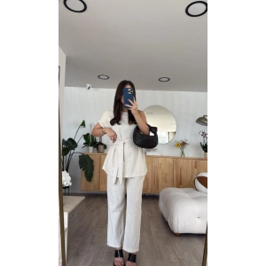 Kadın Omuz Detay Kuşak Dahil Bluz Ve Pantolon Keten Kumaş Ikili Takım