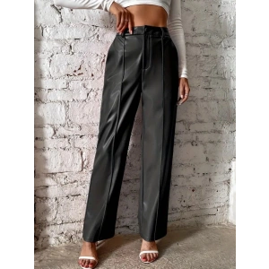 Kadın önden Fermuarlı Cepli Geniş Kesim Lame Deri Pantolon